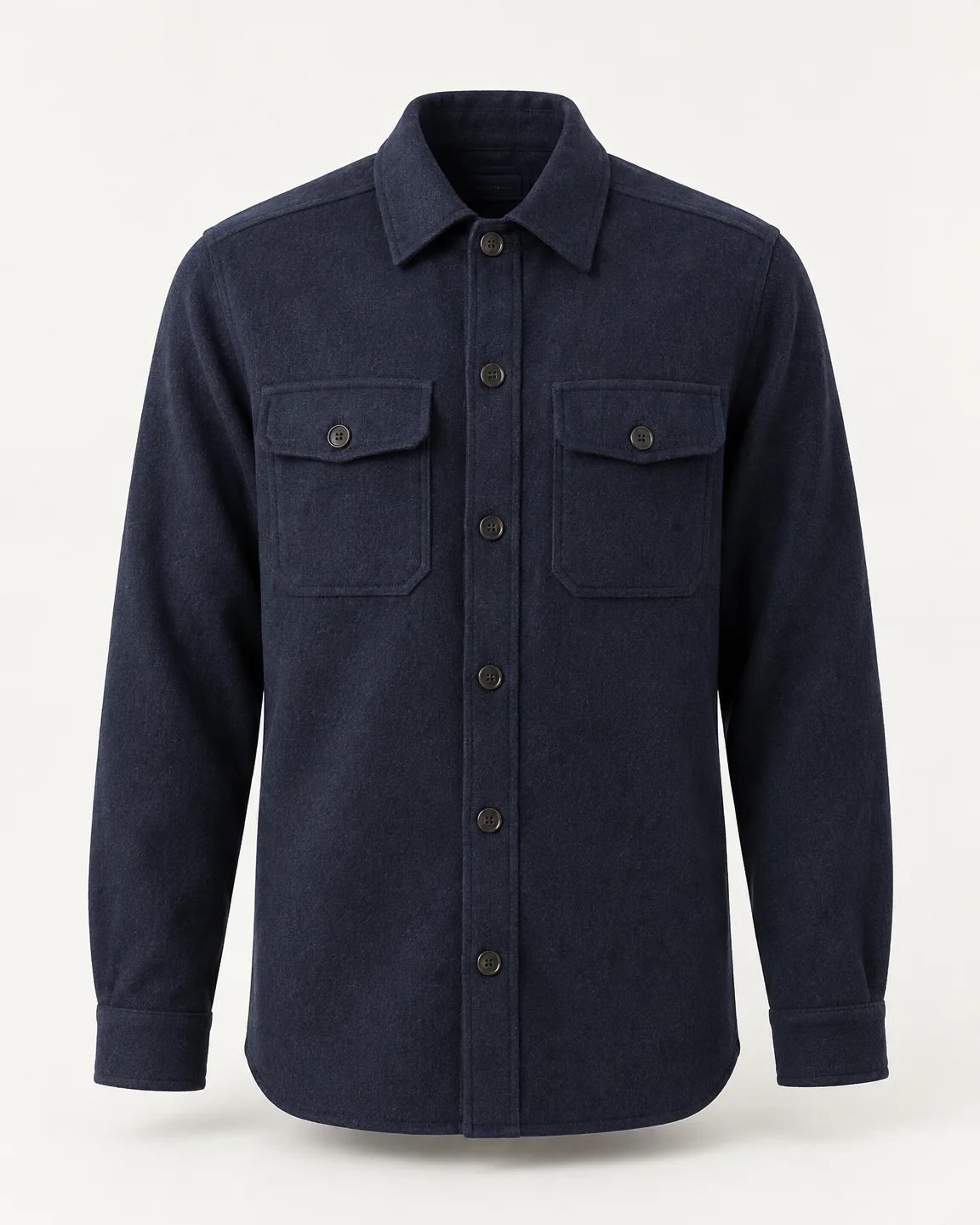 A navy overshirt with a pointed collar