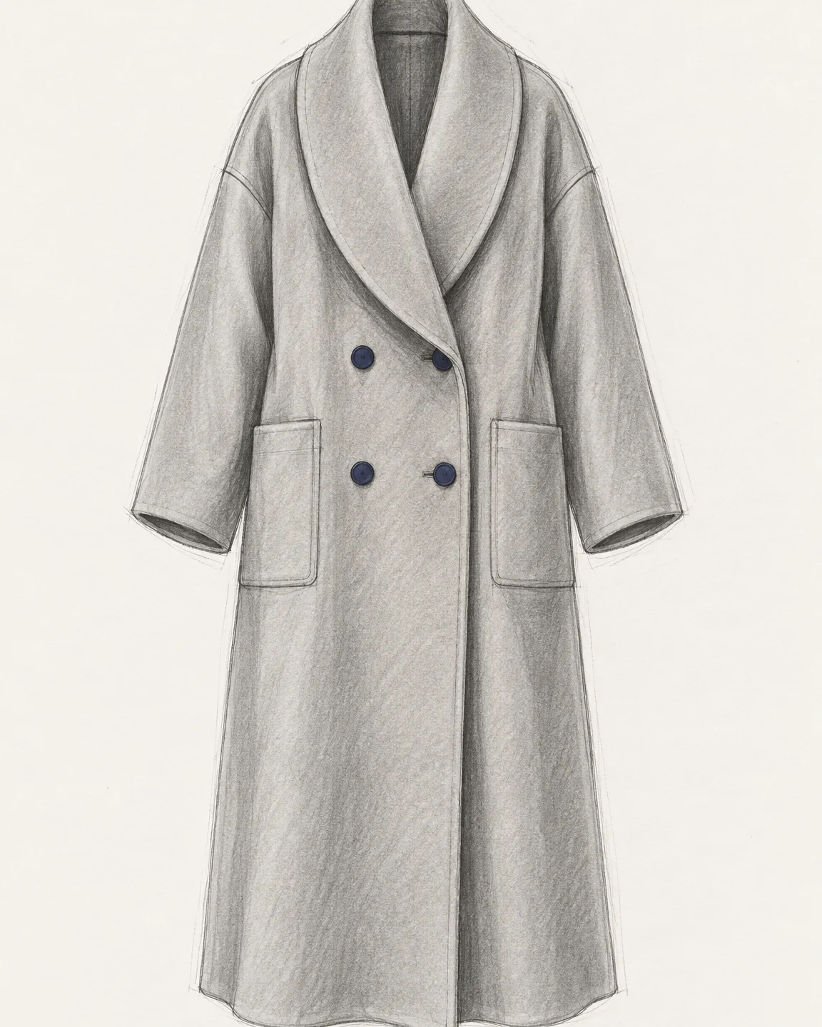 Pencil sketch of a double-breasted wool coat