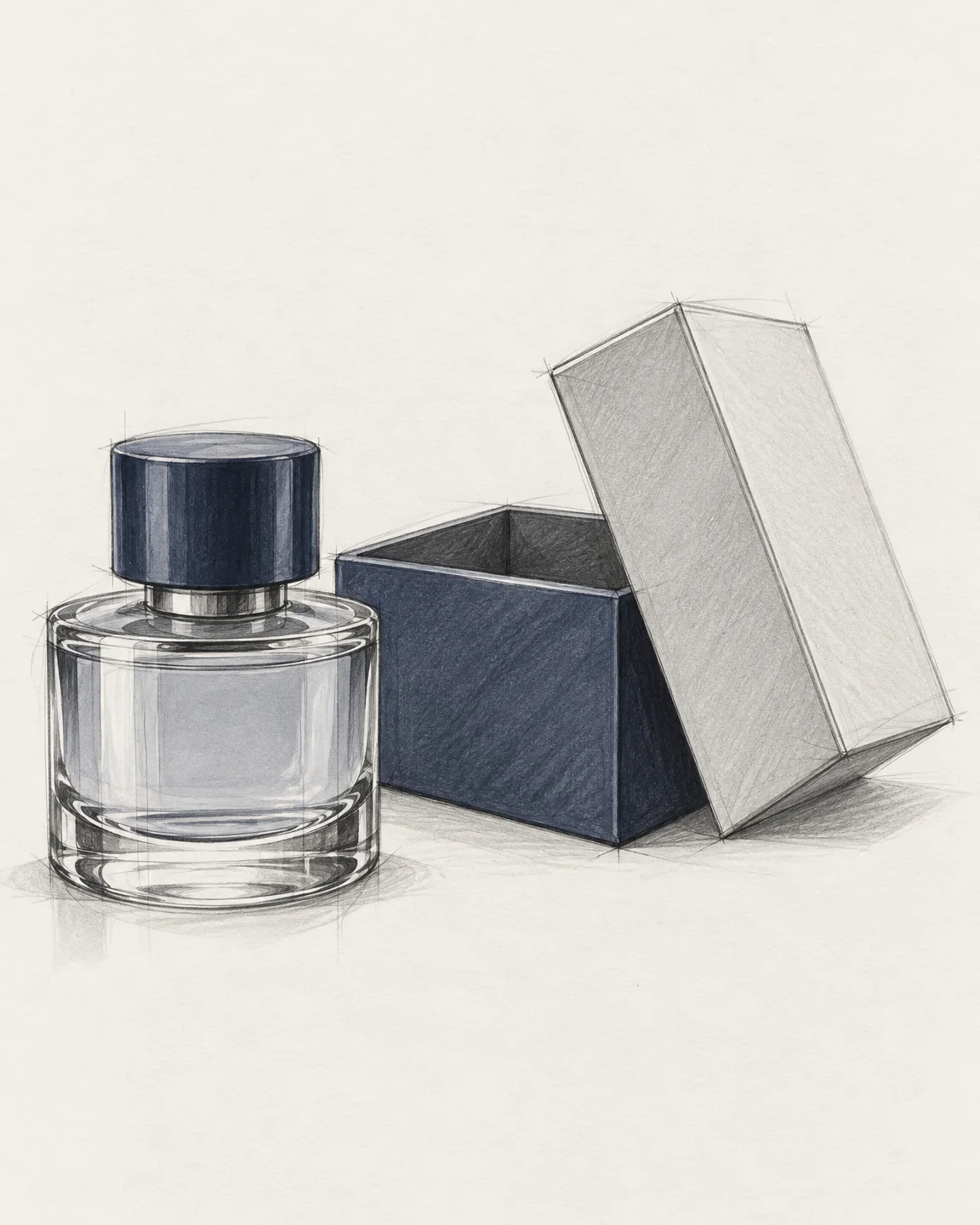 Sketch of a perfume bottle and its box